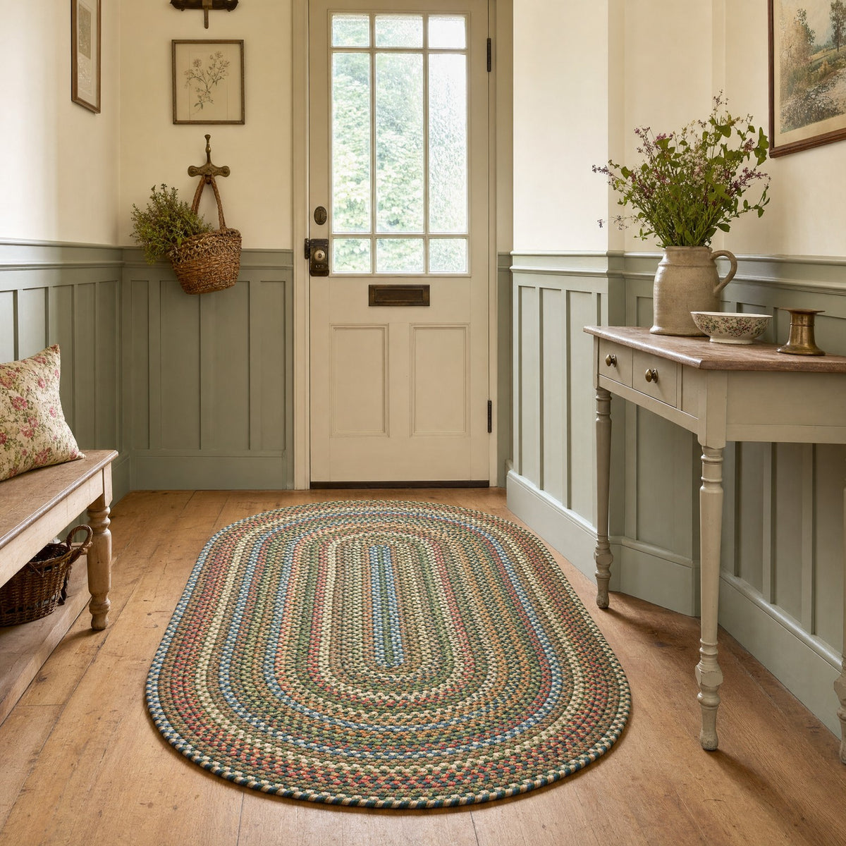Roxbury Spruce Green braided rug, 3x5 oval in a cottage entry hall #Size_3' x 5' Oval