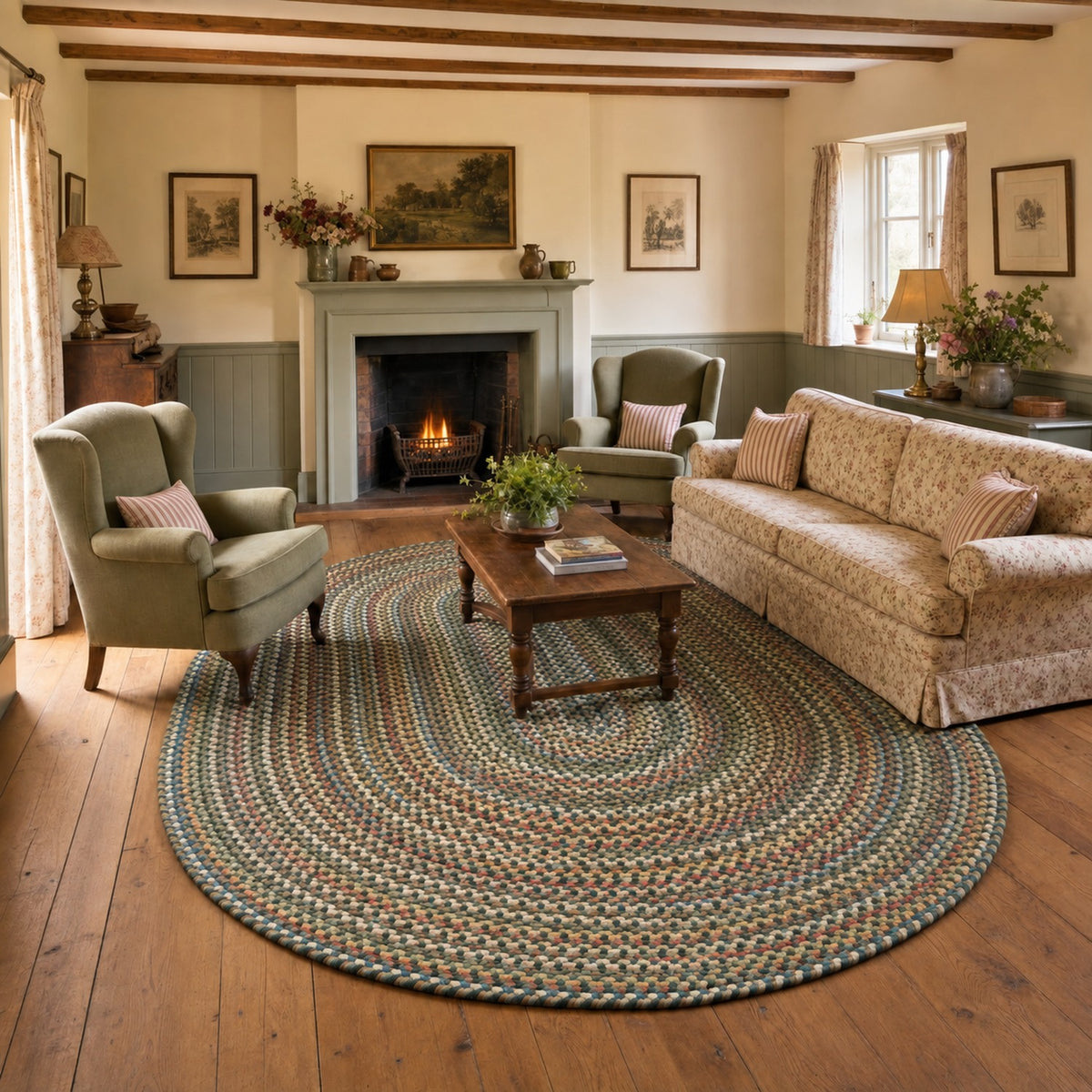 #Oval_8x11 - Roxbury Spruce Green braided rug, 8x11 oval in an English country cottage sitting room