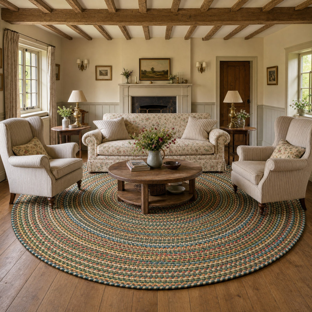 Roxbury Spruce Green braided rug, 10 ft round in a cottage sitting room #Size_10' Round