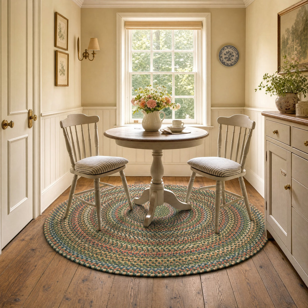 Roxbury Spruce Green braided rug, 4 ft round in a cottage breakfast nook #Size_4' Round