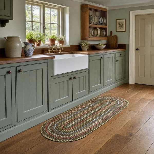 Roxbury Spruce Green braided rug, 2x4 runner in front of a cottage kitchen sink #Size_2' x 4' Runner