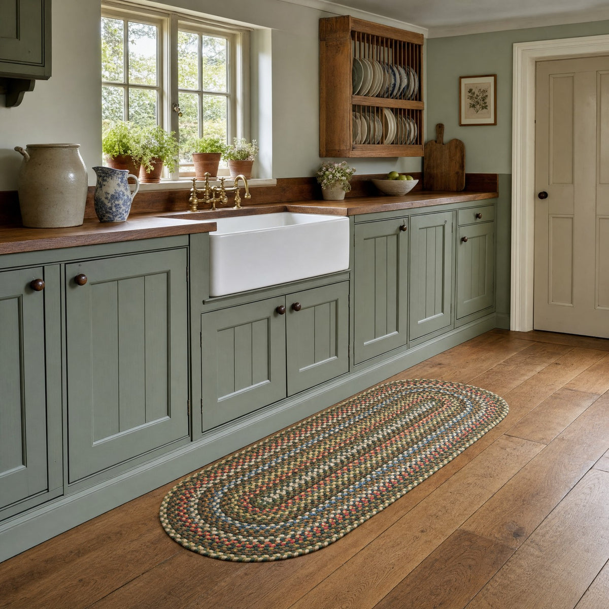 Roxbury Spruce Green braided rug, 2x4 runner in front of a cottage kitchen sink #Size_2' x 4' Runner