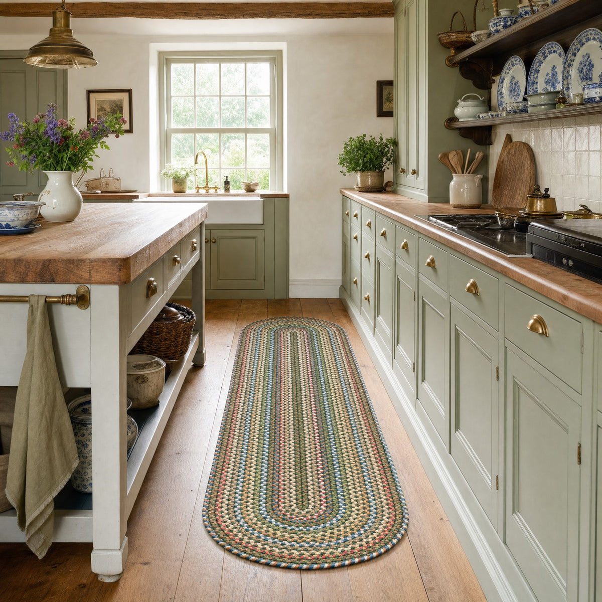 Roxbury Spruce Green braided rug, 2x6 runner in a galley kitchen aisle #Size_2' x 6' Runner