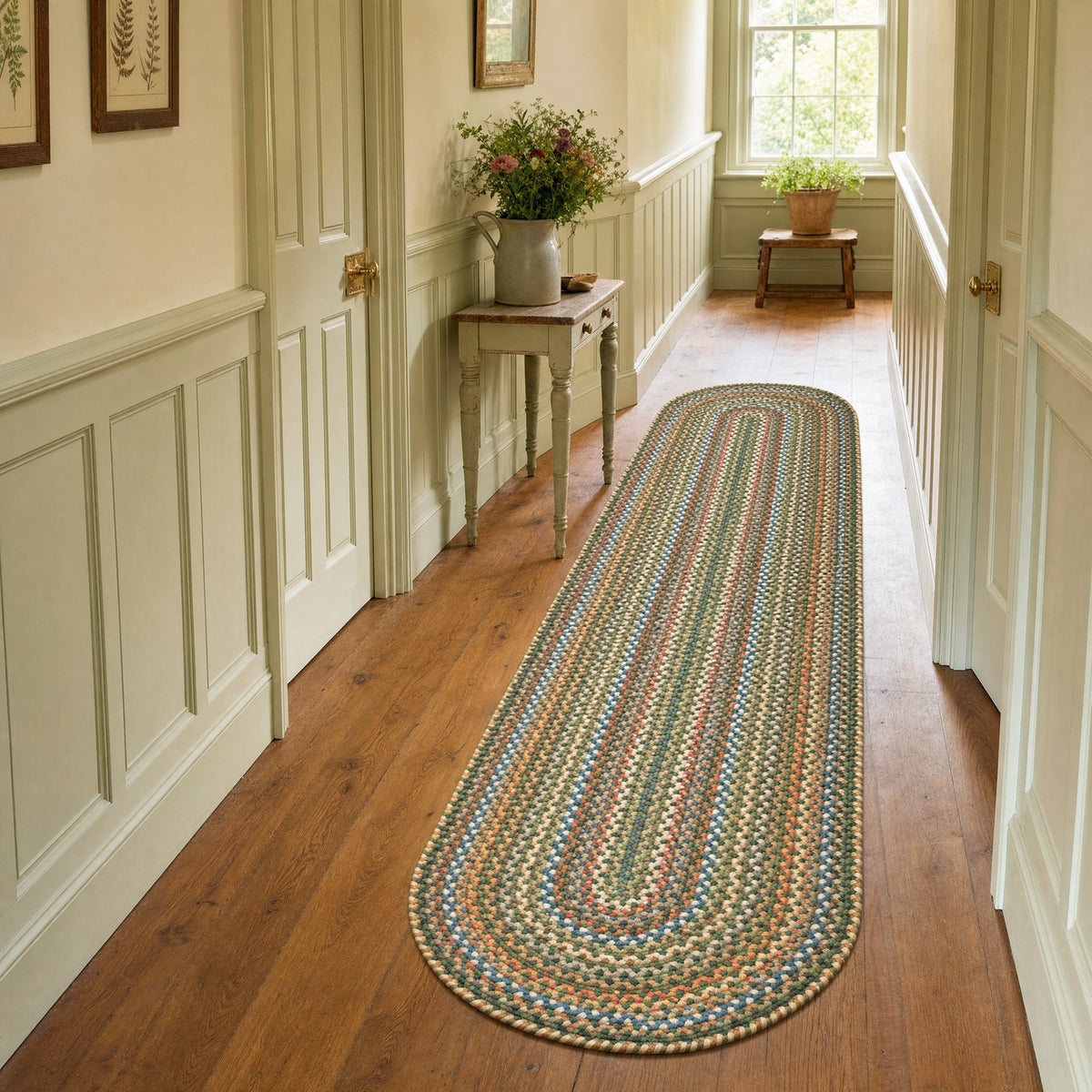 Roxbury Spruce Green braided rug, 2x8 runner in a cottage hallway #Size_2' x 8' Runner