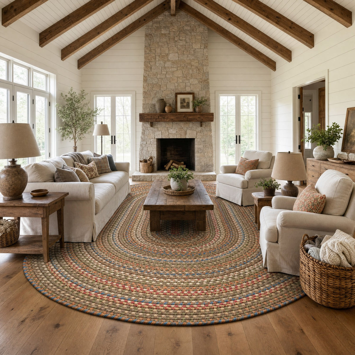 Roxbury Dark Taupe braided rug, 10x13 oval in an open farmhouse great room #Size_10' x 13' Oval
