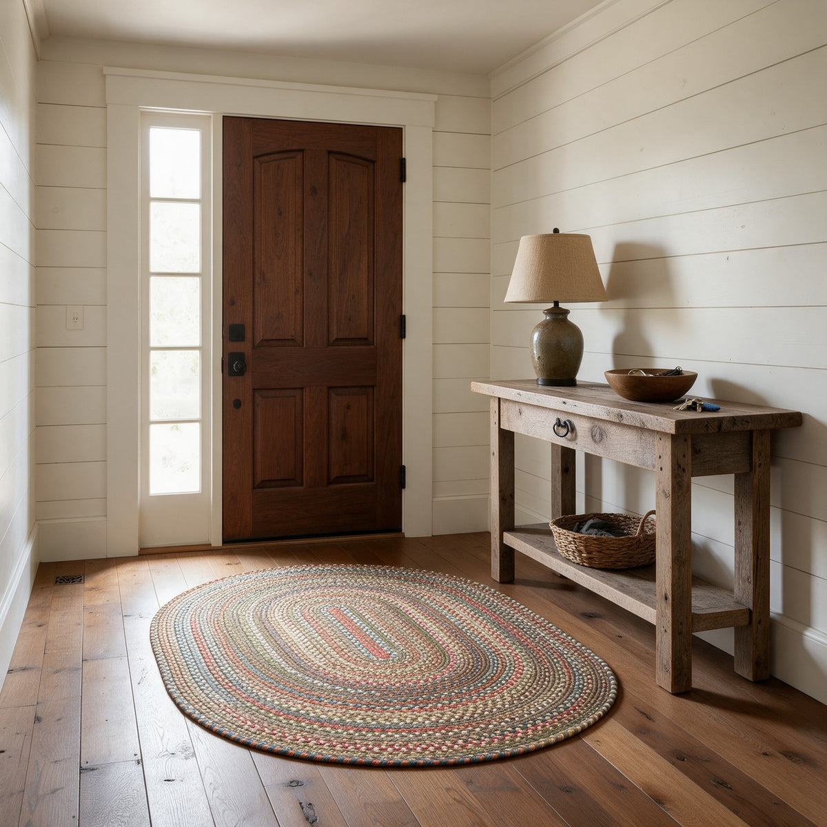 Roxbury Dark Taupe braided rug, 3x5 oval in a farmhouse entry foyer #Size_3' x 5' Oval