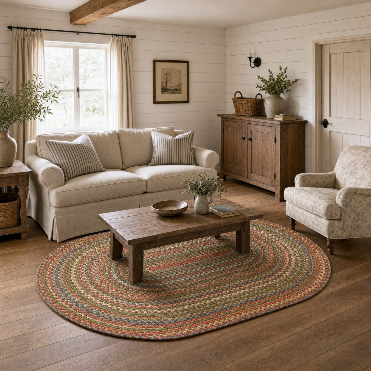 Roxbury Dark Taupe braided rug, 4x6 oval in a farmhouse living room #Size_4' x 6' Oval