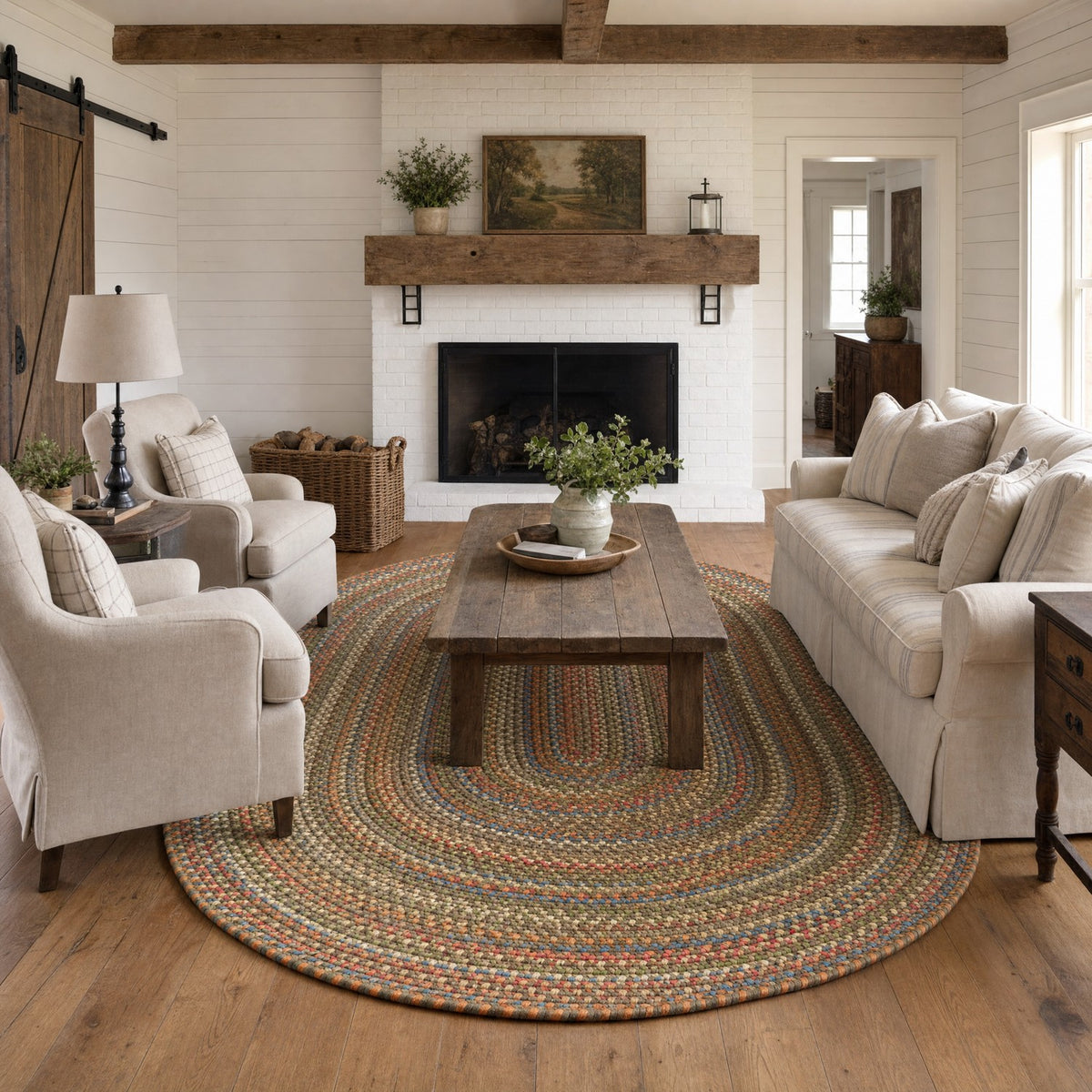 Roxbury Dark Taupe braided rug, 5x8 oval in a farmhouse living room #Size_5' x 8' Oval