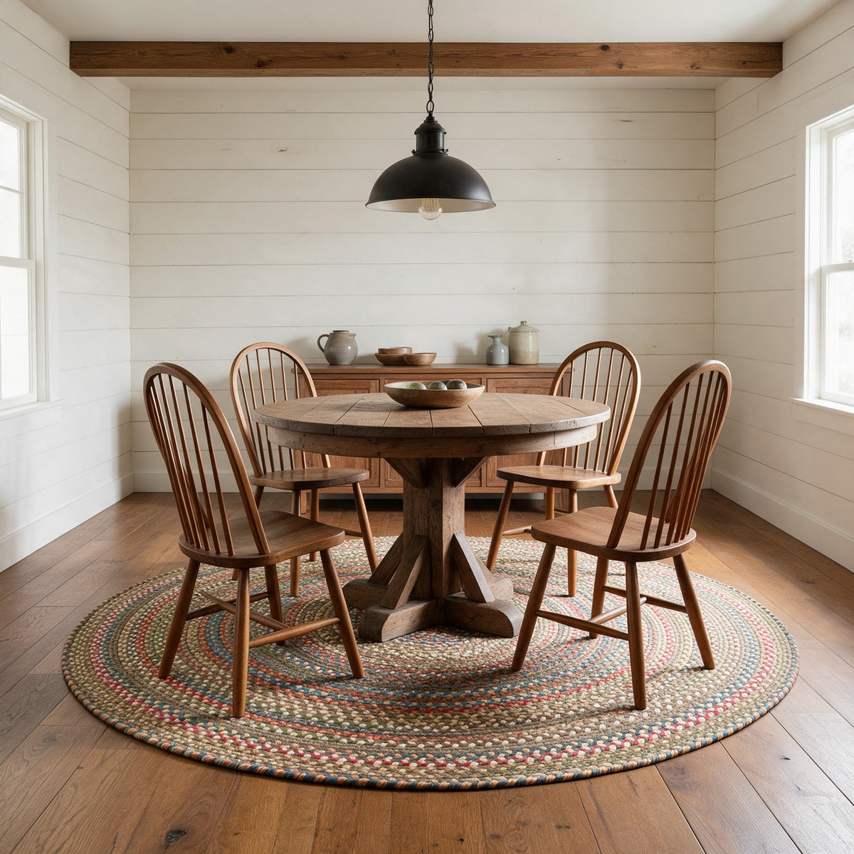 Roxbury Dark Taupe braided rug, 8 ft round under a round farmhouse dining table #Size_8' Round