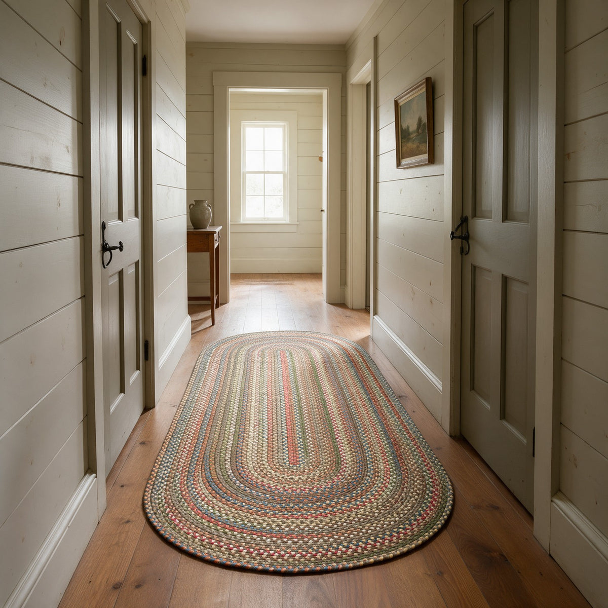 Roxbury Dark Taupe braided rug, 2x8 runner in a farmhouse hallway #Size_2' x 8' Runner