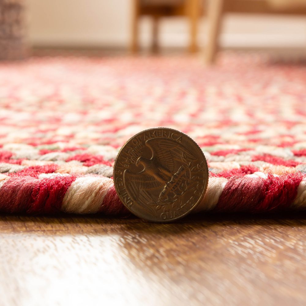 Roxbury Red braided rug, close up of the braided edge