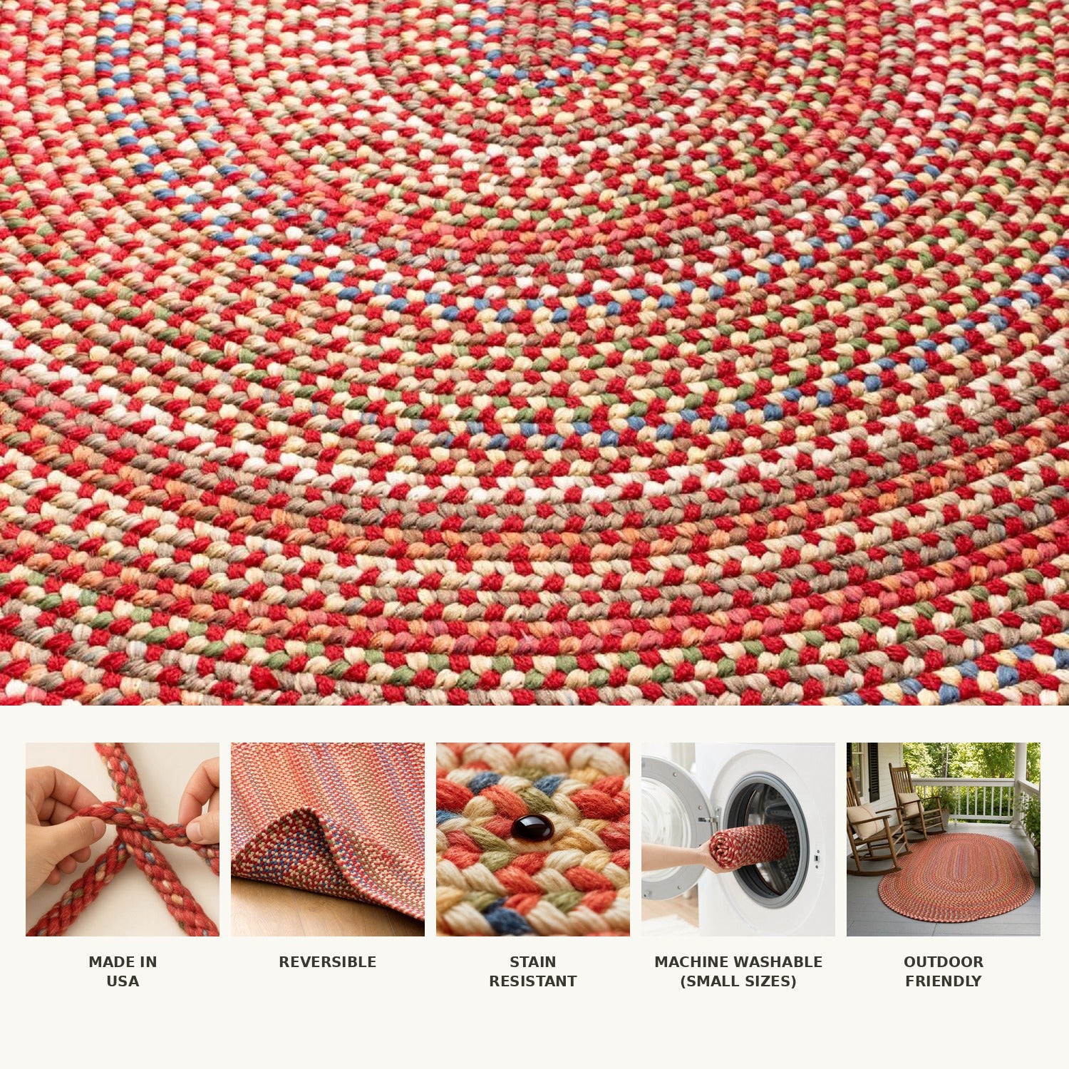 Roxbury Red braided rug features: made in USA, reversible, stain resistant, machine washable in small sizes, outdoor friendly