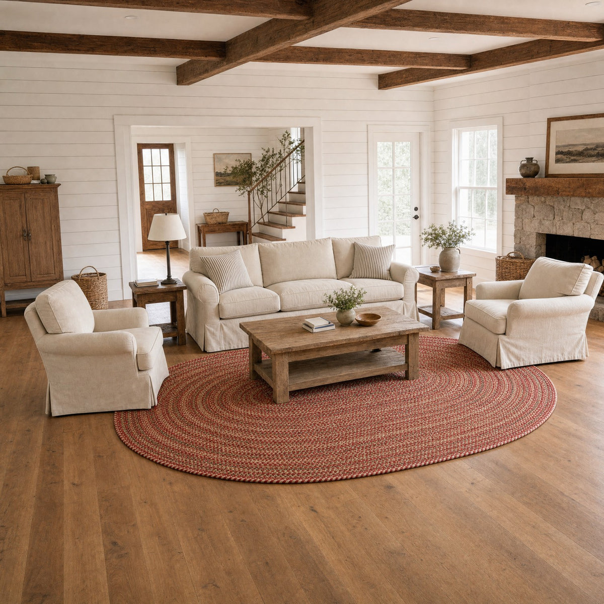 #Oval_10x13 - Roxbury Red braided rug, 10x13 oval in an open-plan great room