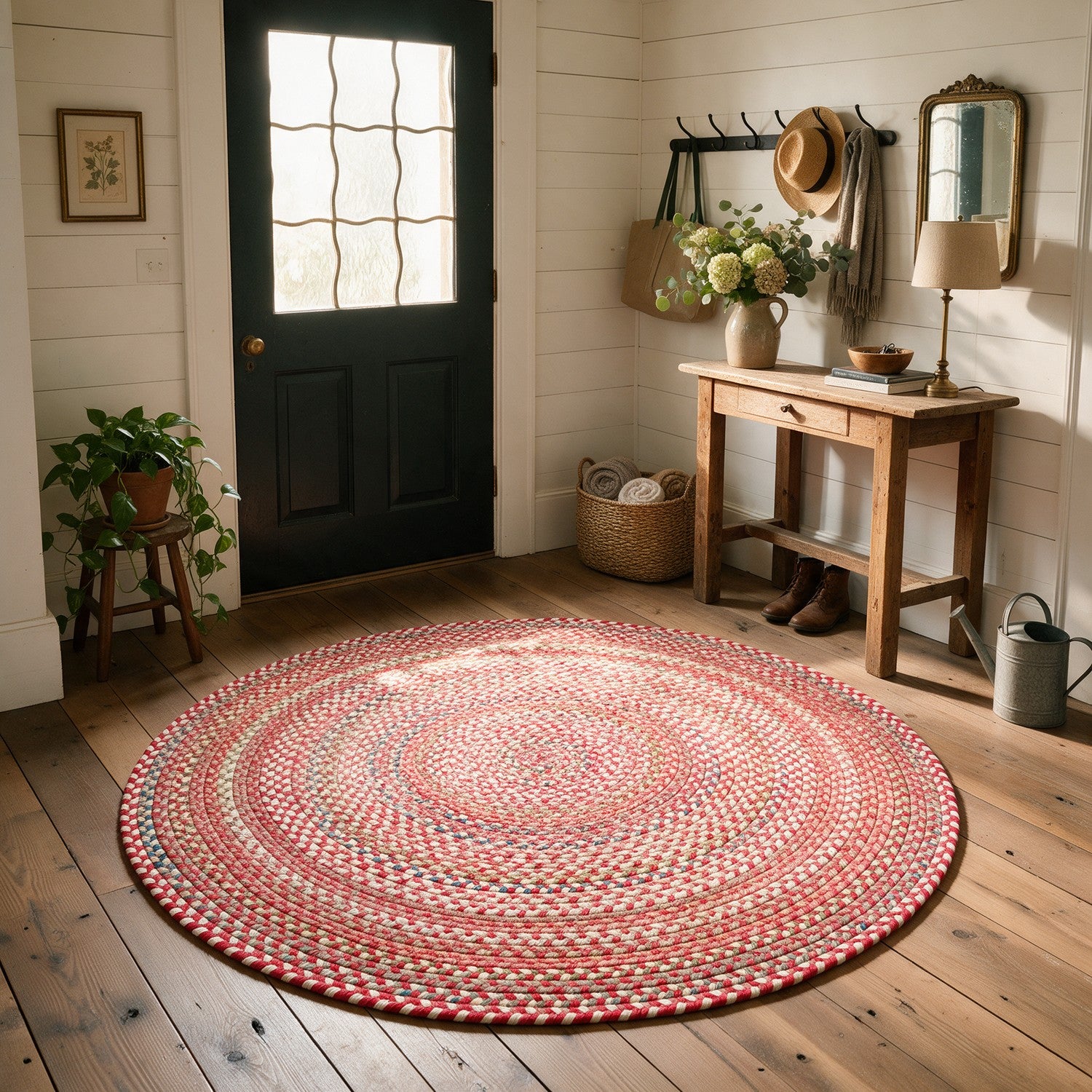 #Round_4 - Roxbury Red braided rug, 4 foot round in a farmhouse entry hall