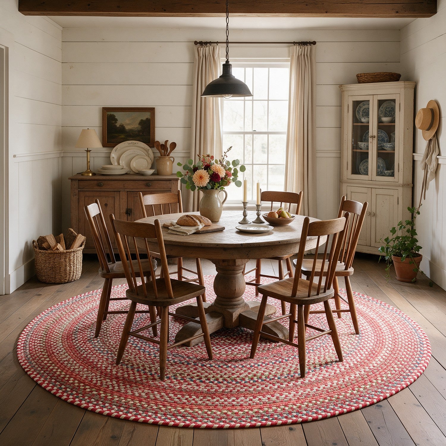 #Round_8 - Roxbury Red braided rug, 8 foot round under a six seater farmhouse dining table