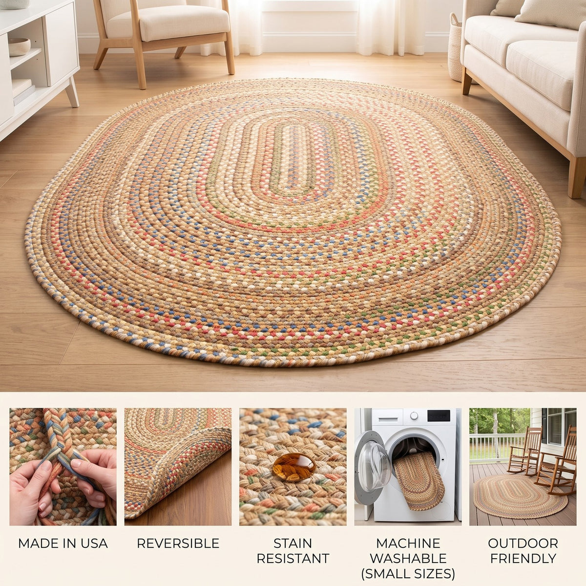 Roxbury Straw Beige braided rug features: made in USA, reversible, stain resistant, machine washable in small sizes, outdoor friendly