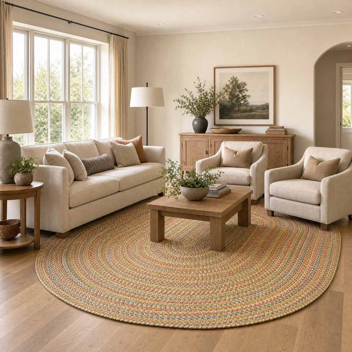 Roxbury Straw Beige braided rug, 10x13 oval in an open-plan great room #Size_10' x 13' Oval
