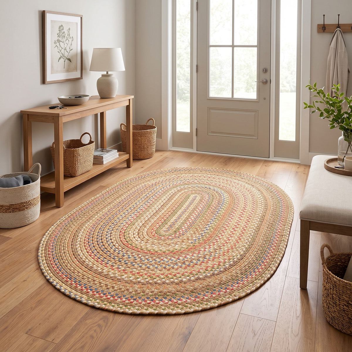 Roxbury Straw Beige braided rug, 3x5 oval in an entry foyer #Size_3' x 5' Oval