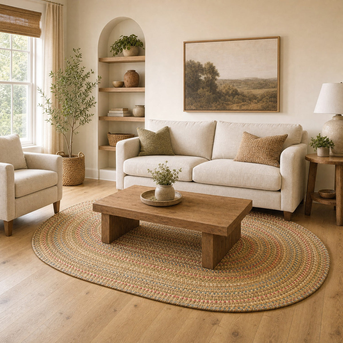 Roxbury Straw Beige braided rug, 4x6 oval in a living room #Size_4' x 6' Oval