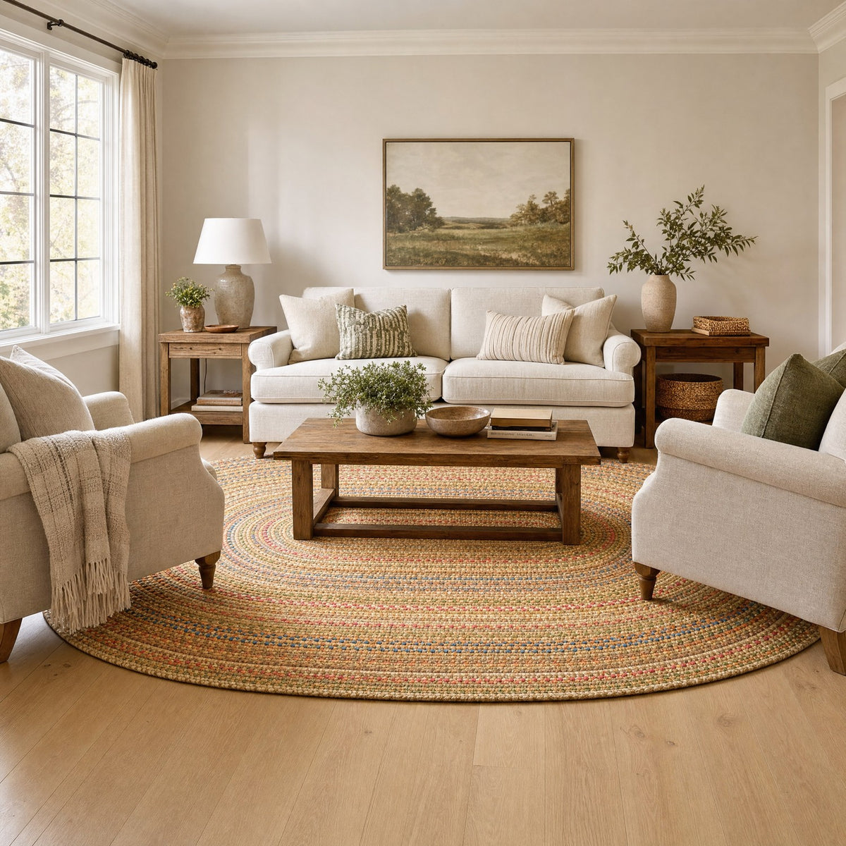Roxbury Straw Beige braided rug, 5x8 oval in a living room #Size_5' x 8' Oval