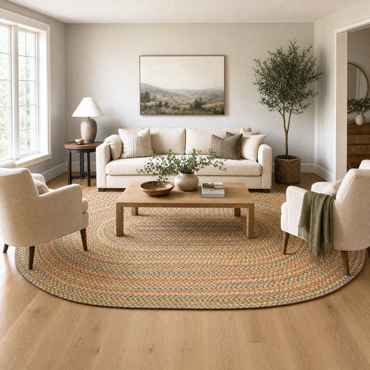 #Oval_8x11 - Roxbury Straw Beige braided rug, 8x11 oval in a warm transitional great room