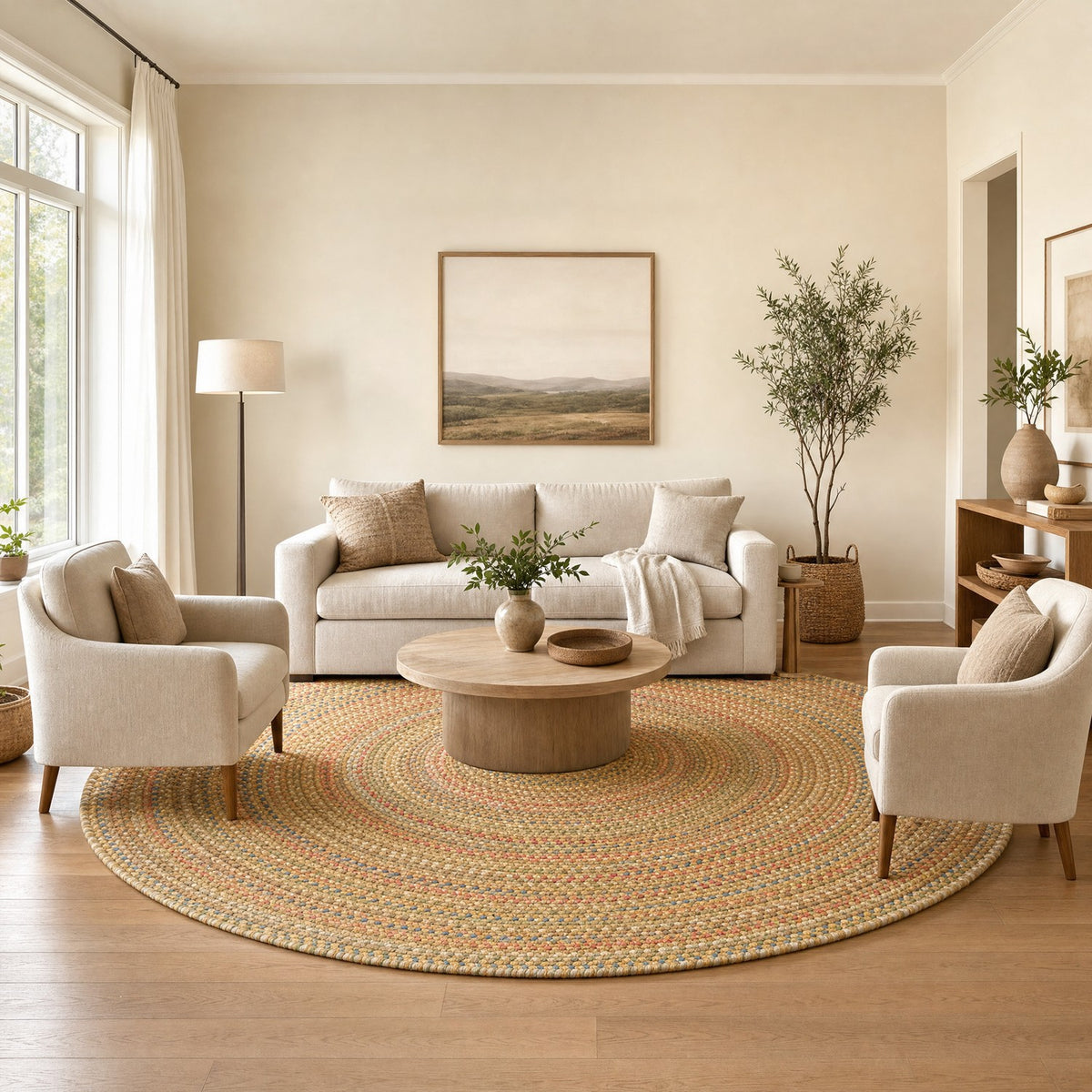 Roxbury Straw Beige braided rug, 10 foot round in a large living room #Size_10' Round