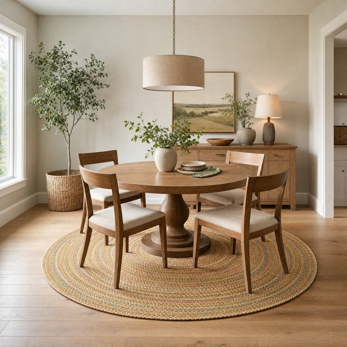 Roxbury Straw Beige braided rug, 6 foot round in a dining room #Size_6' Round