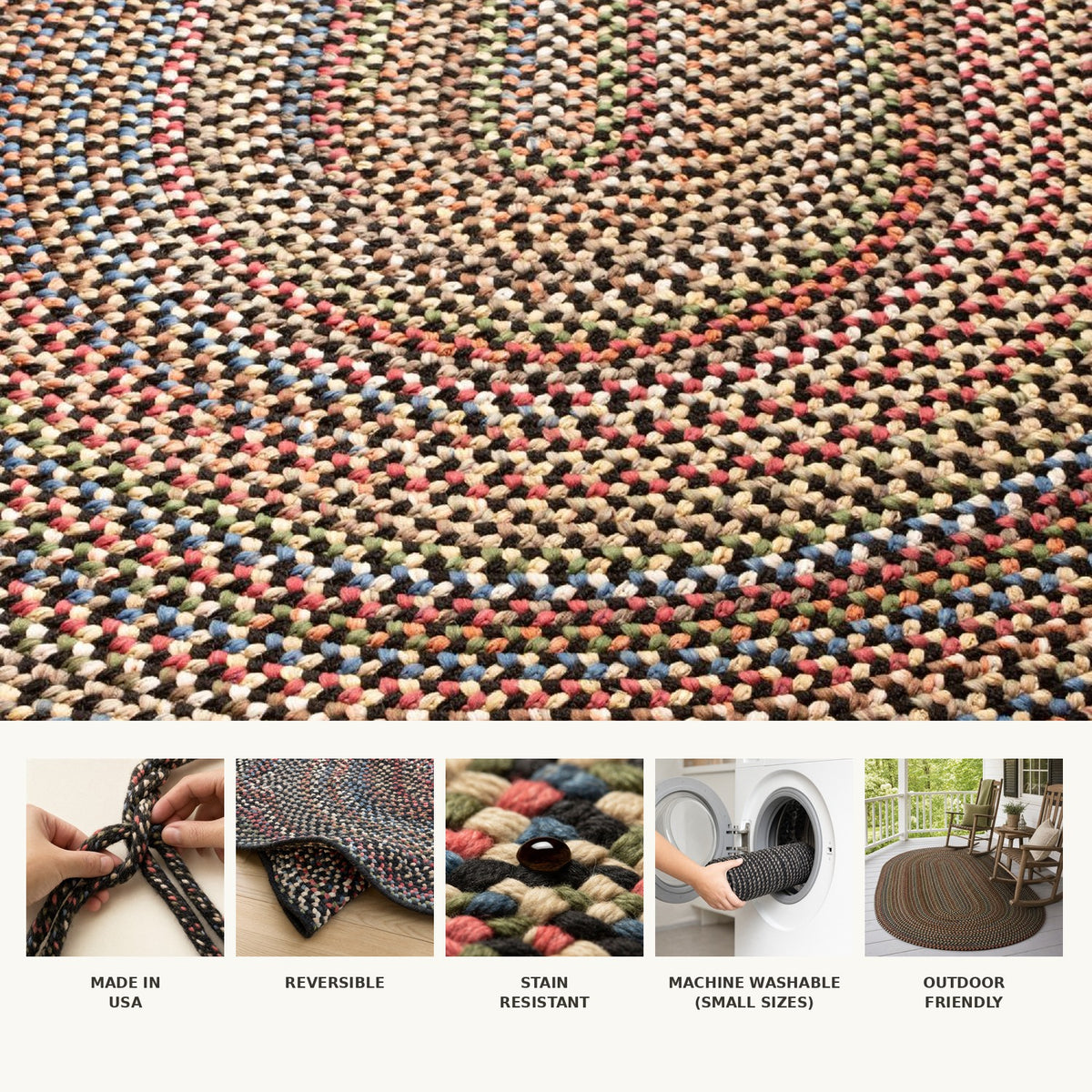 Roxbury Charcoal braided rug features - made in USA, reversible, stain resistant, machine washable in small sizes, outdoor friendly