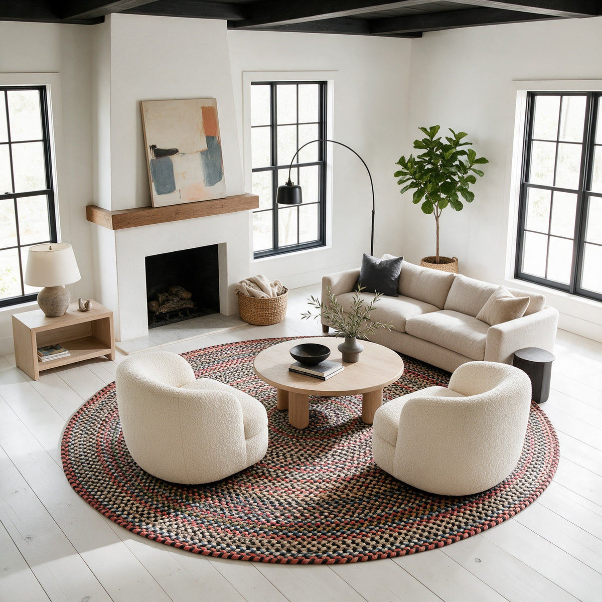 #Round_10 - Roxbury Charcoal braided rug, 10' round in a large modern farmhouse living room