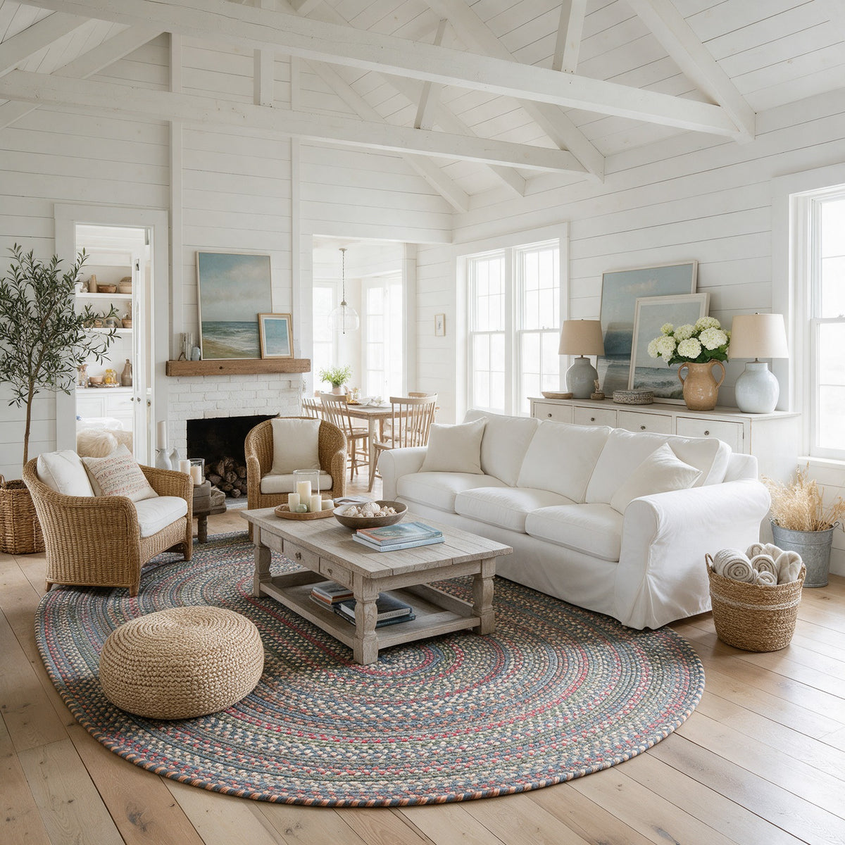 Roxbury Blue braided rug, 10x13 oval in an open-plan coastal cottage great room #Size_10' x 13' Oval