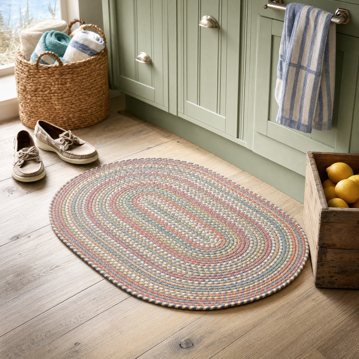 Roxbury Blue braided rug, 2x3 oval in a coastal cottage kitchen #Size_2' x 3' Oval