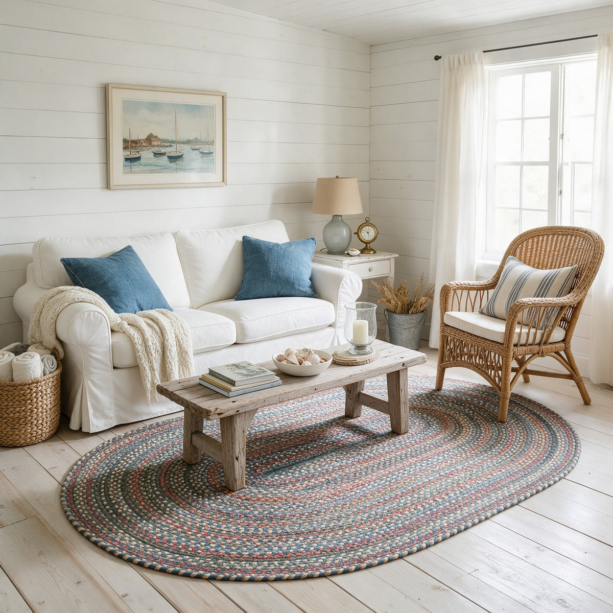 Roxbury Blue braided rug, 4x6 oval in a coastal cottage living room #Size_4' x 6' Oval