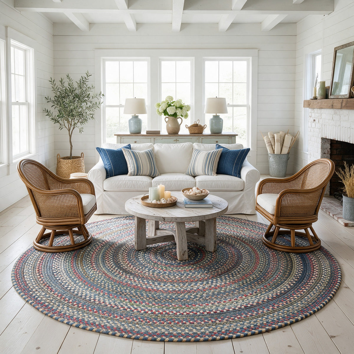 Roxbury Blue braided rug, 10 foot round in a large coastal cottage living room #Size_10' Round