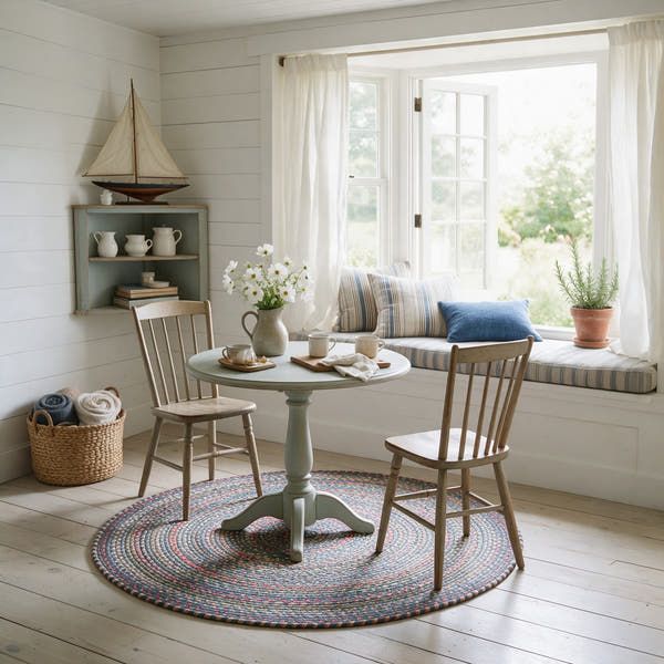 Roxbury Blue braided rug, 4 foot round in a coastal cottage breakfast nook #Size_4' Round