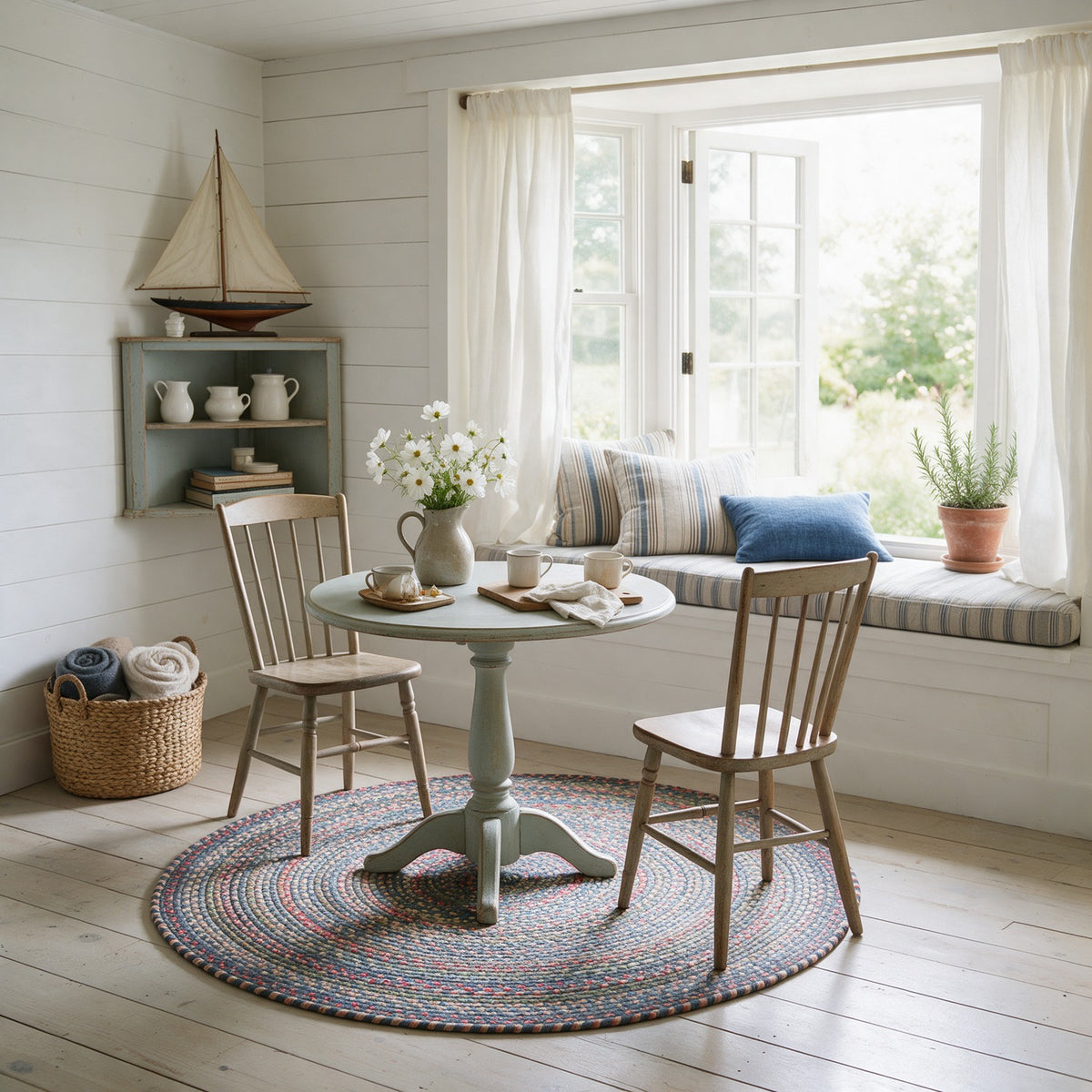 Roxbury Blue braided rug, 4 foot round in a coastal cottage breakfast nook #Size_4' Round
