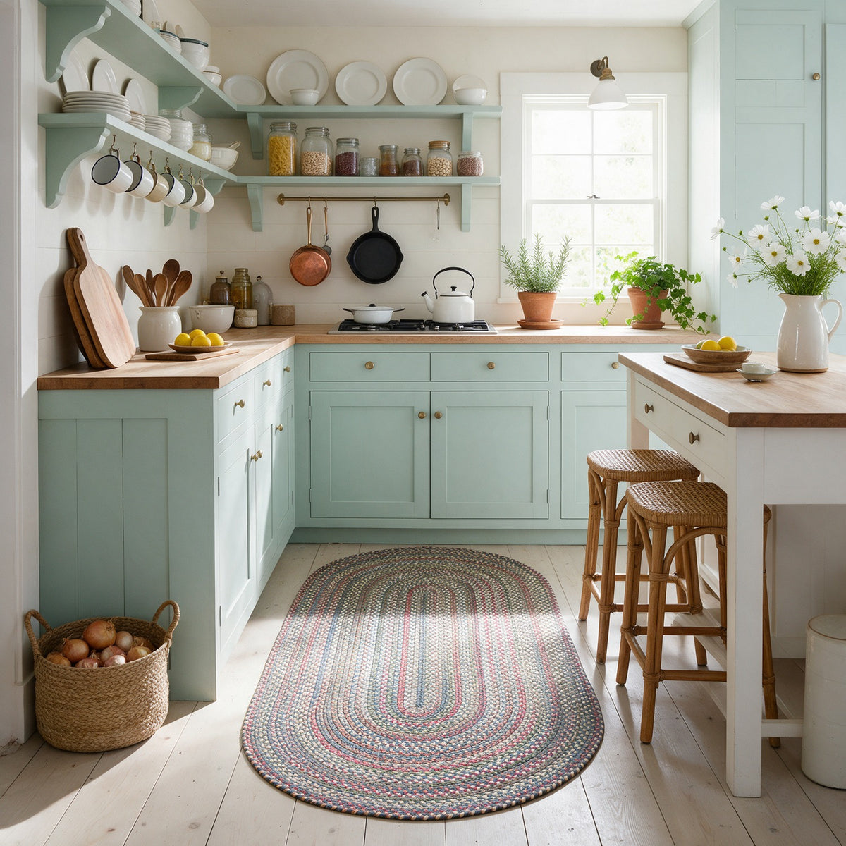 Roxbury Blue braided rug, 2x6 runner in a coastal cottage galley kitchen #Size_2' x 6' Runner
