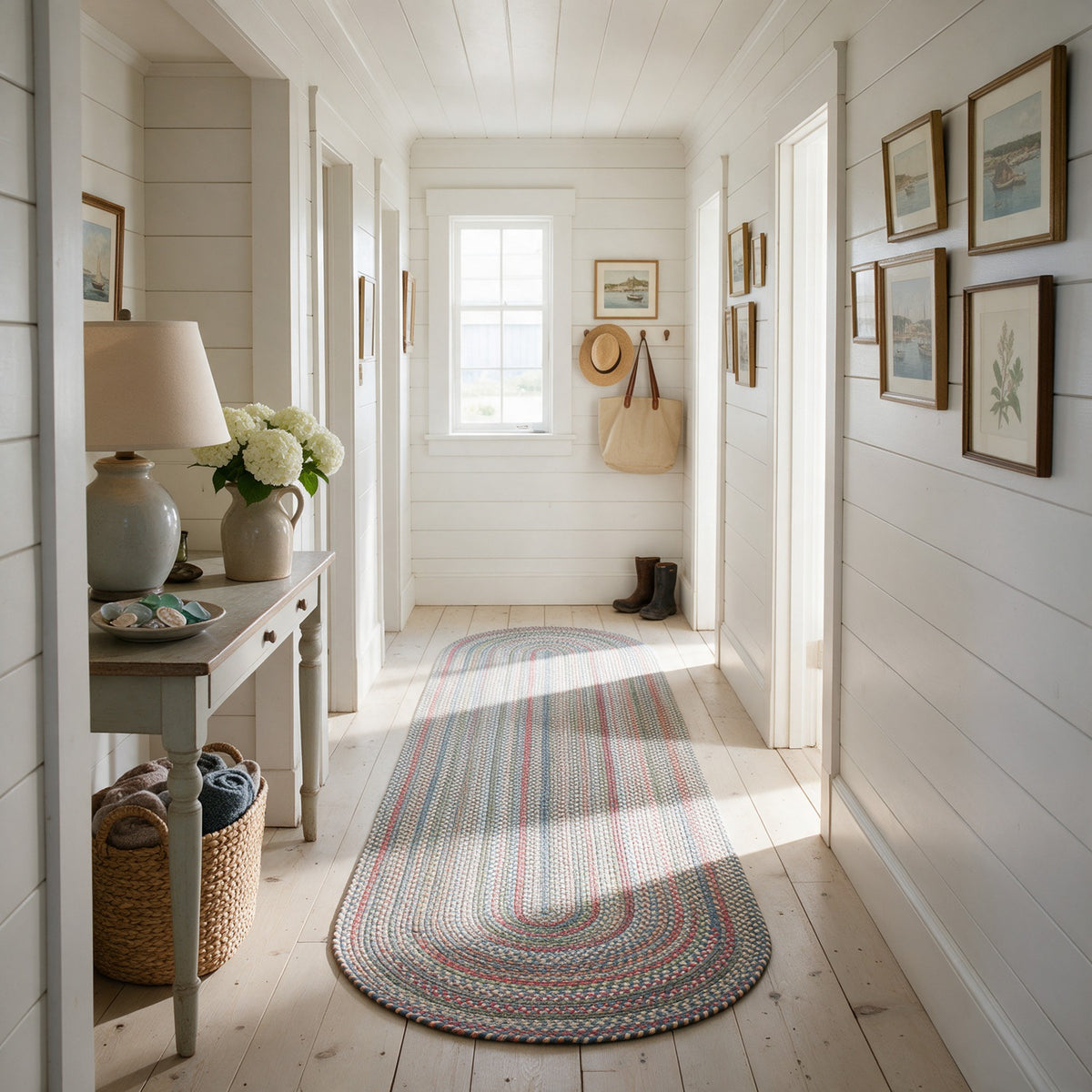 Roxbury Blue braided rug, 2x8 runner in a coastal cottage hallway #Size_2' x 8' Runner