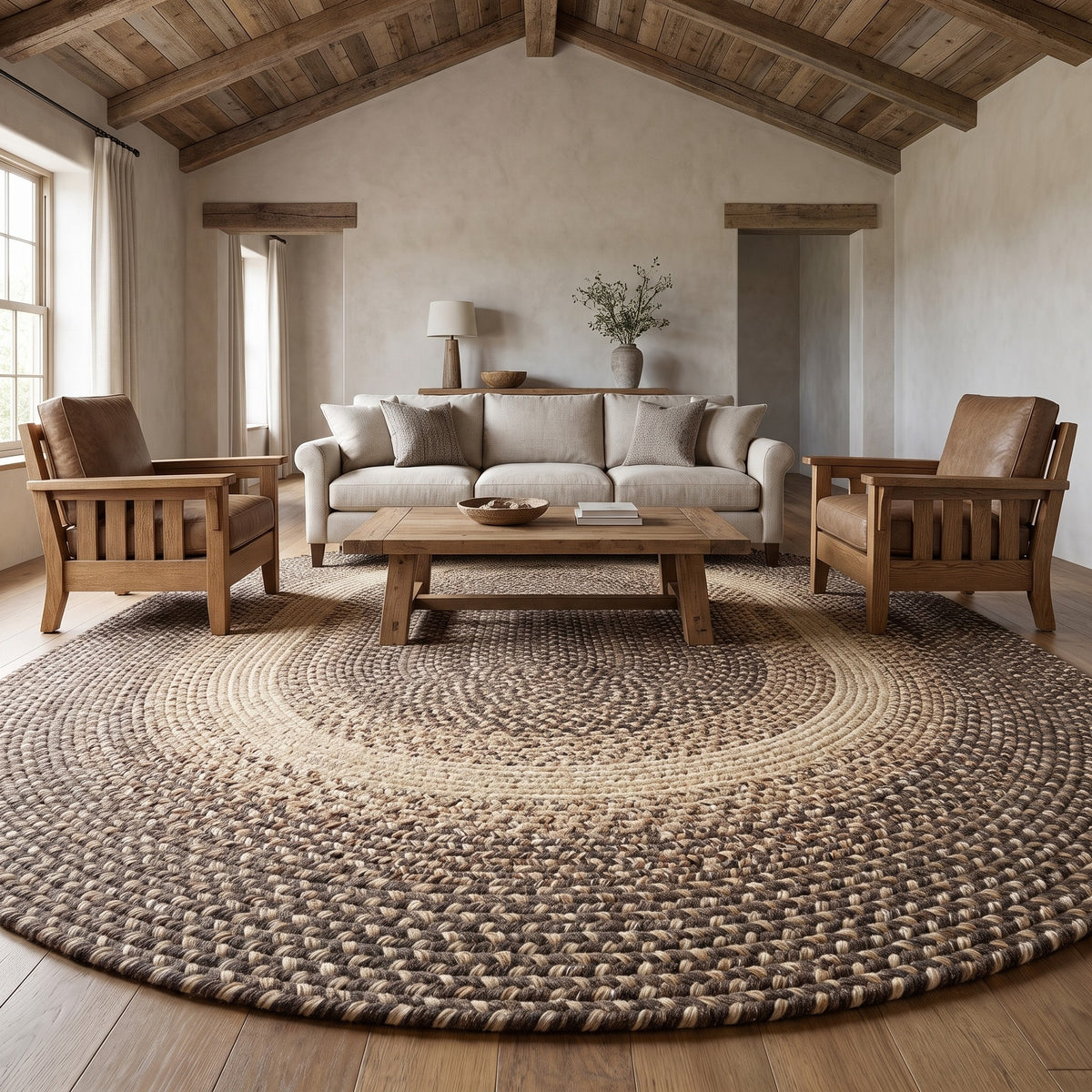 Ridgewood brown braided wool rug, 10x13 oval carrying a full seating group in a farmhouse great room #Size_10' x 13' Oval