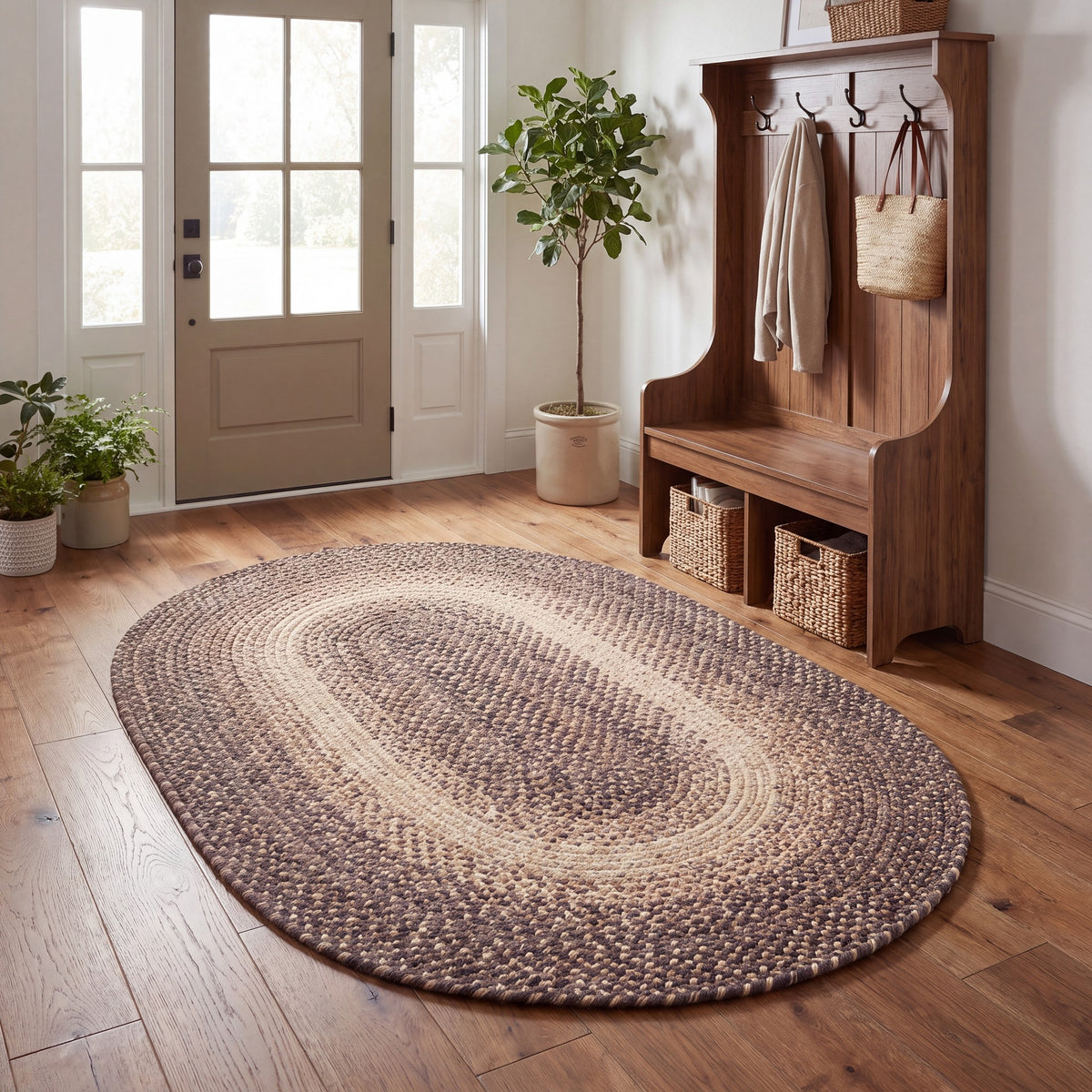 Ridgewood brown braided wool rug, 3x5 oval in a farmhouse entryway #Size_3' x 5' Oval