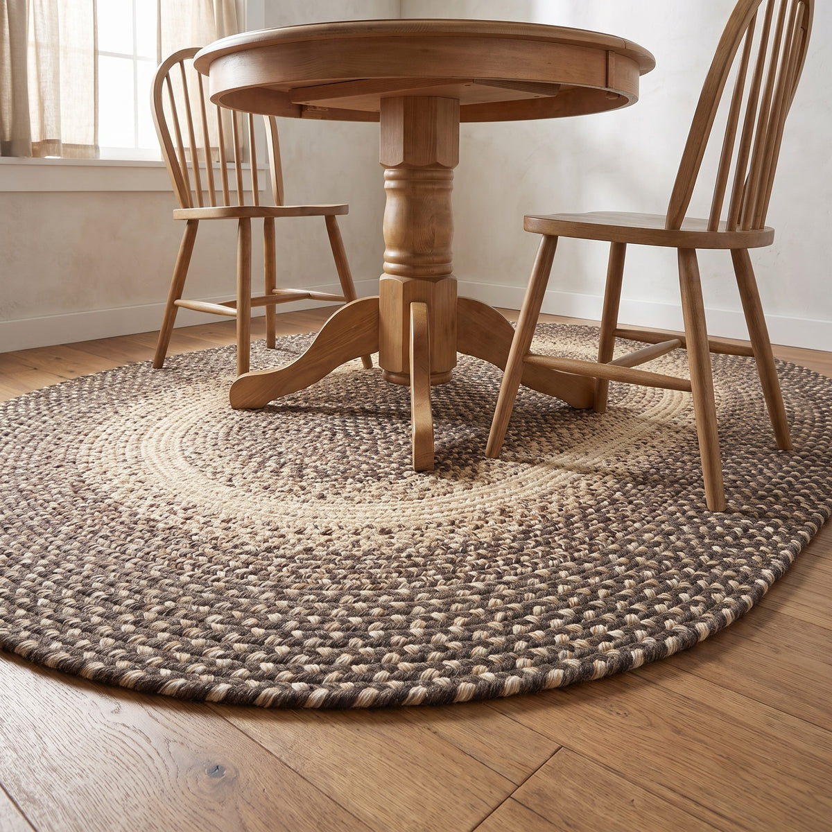 Ridgewood brown braided wool rug, 4x6 oval under a breakfast nook table #Size_4' x 6' Oval