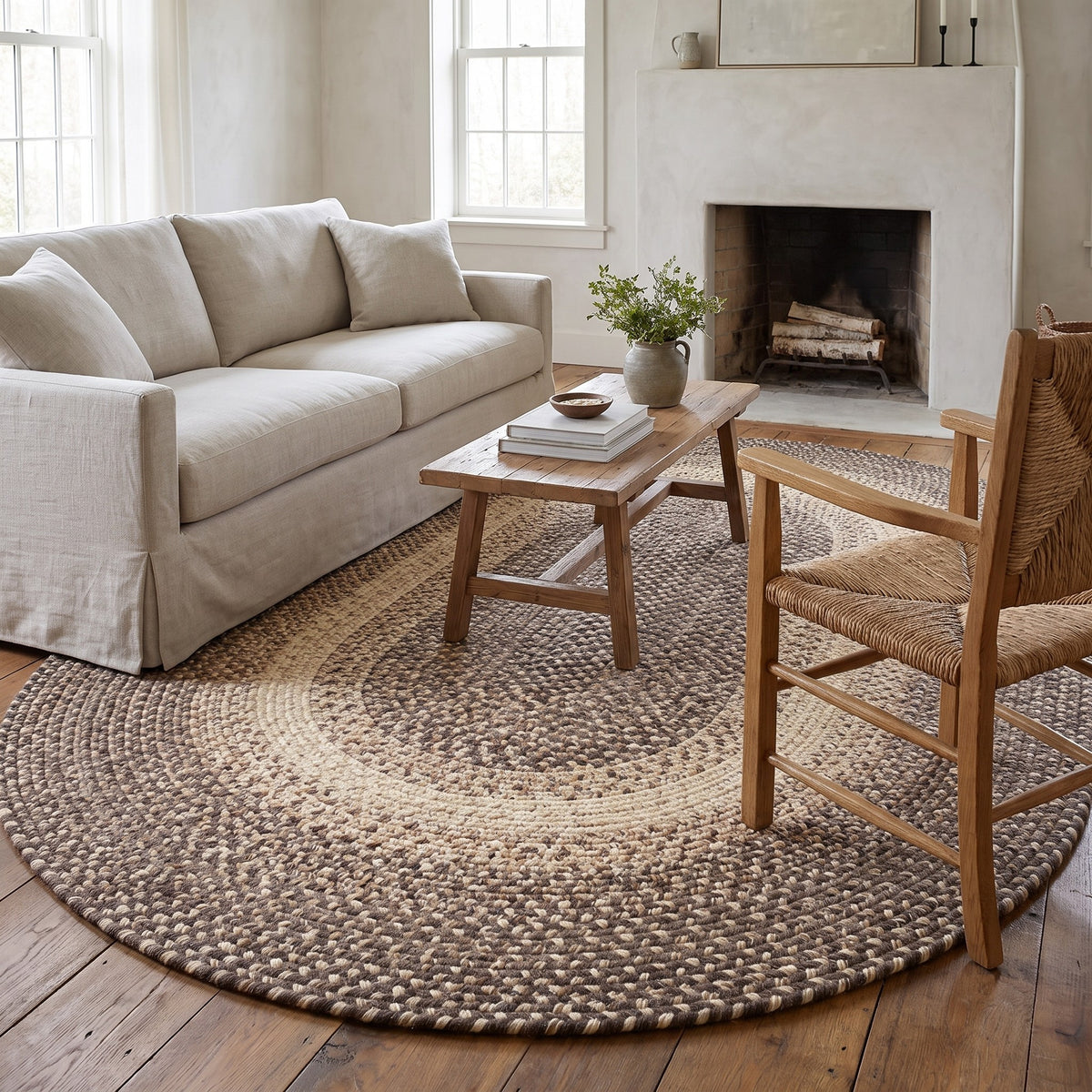 Ridgewood brown braided wool rug, 7x9 oval anchoring a farmhouse living room fireplace seating group #Size_7' x 9' Oval