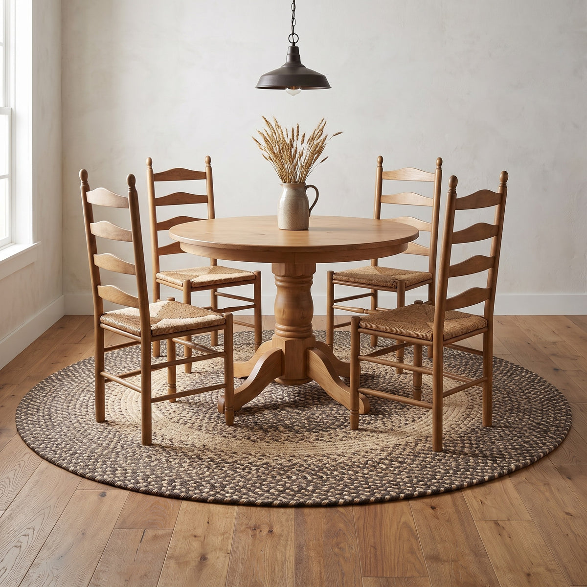 Ridgewood brown braided wool rug, 6 foot round under a pine pedestal dining table #Size_6' Round