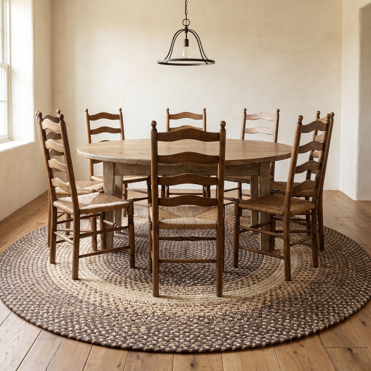 Ridgewood brown braided wool rug, 8 foot round under a farmhouse dining table for six #Size_8' Round