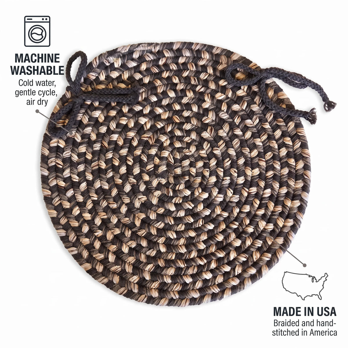 Ridgewood Braided Chair Pad - Brown Velvet - machine washable, made in USA