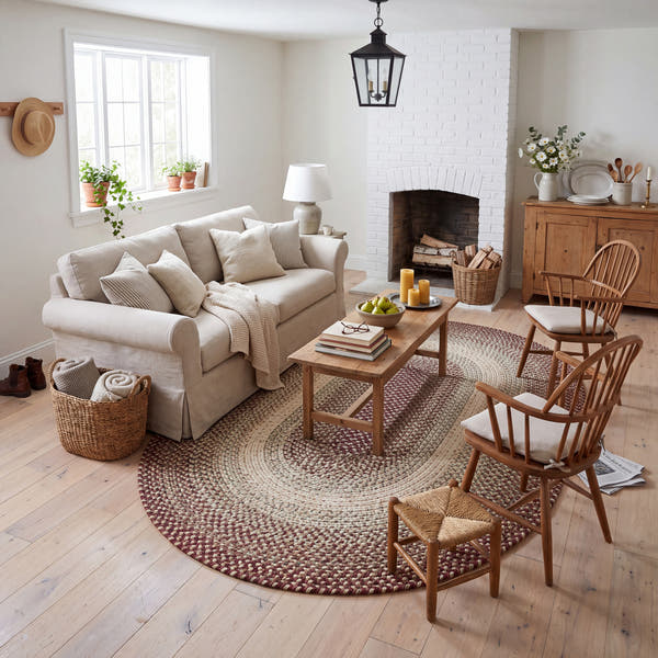 Ridgewood Burgundy braided rug, 5x8 oval in a farmhouse living room #Size_5' x 8' Oval