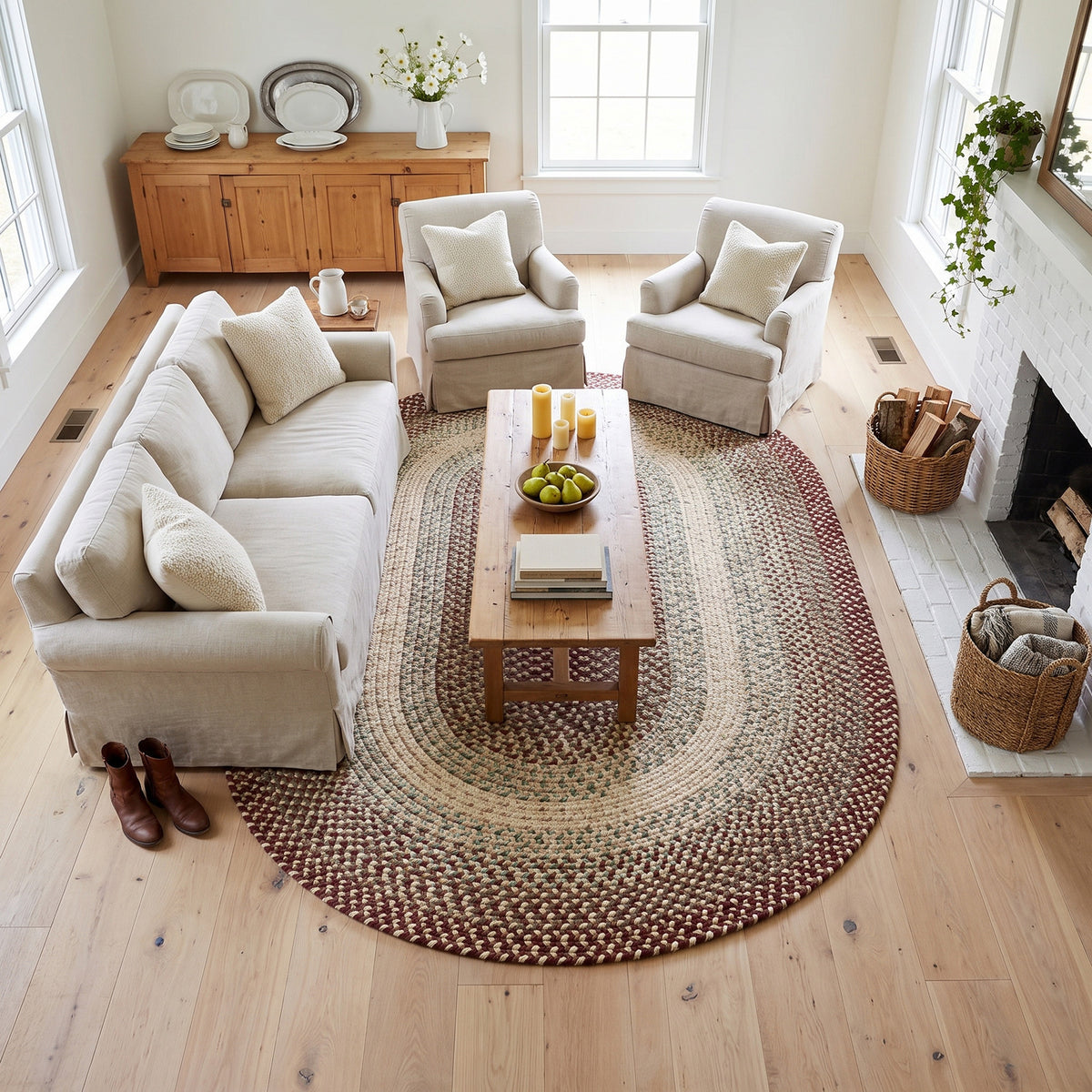Ridgewood Burgundy braided rug seen from overhead, showing the full oval band layout #Shape_Oval