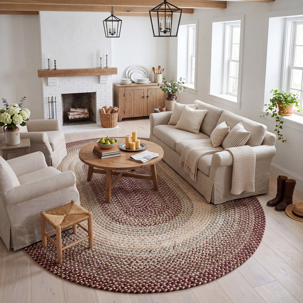 Ridgewood Burgundy braided rug, 10 foot round in a farmhouse great room #Shape_Round