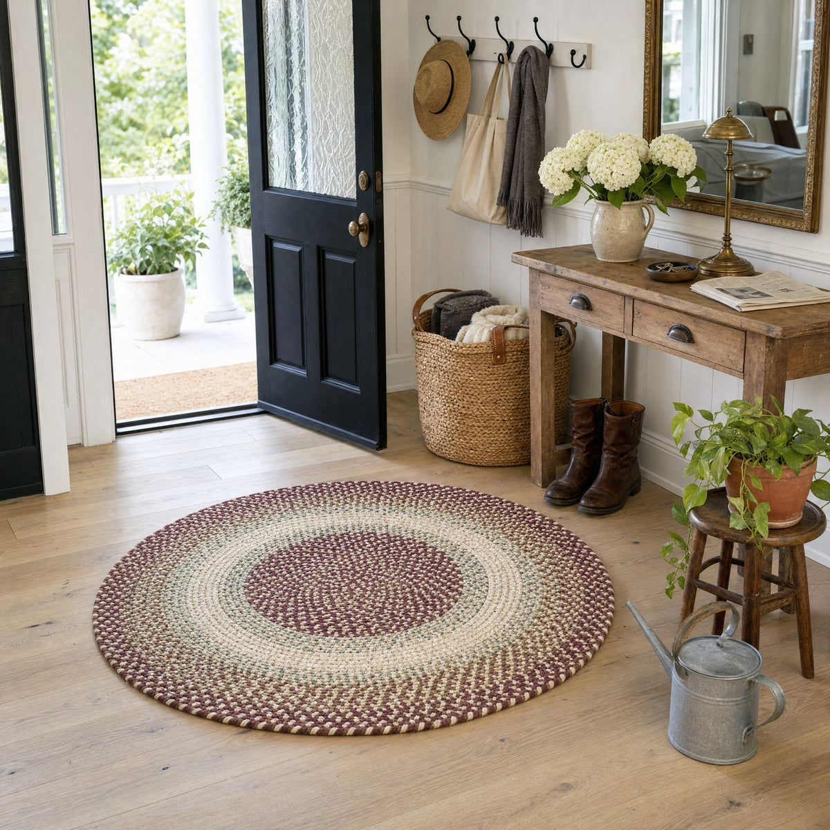 Ridgewood Burgundy braided rug, 4 foot round in a farmhouse room #Shape_Round