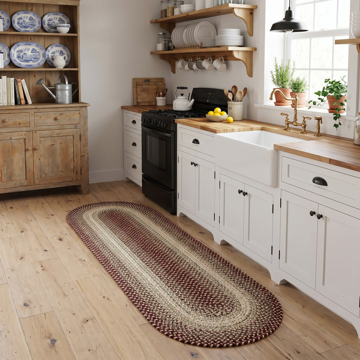 Ridgewood Burgundy braided rug, 2x8 long runner in a farmhouse kitchen #Shape_Runner