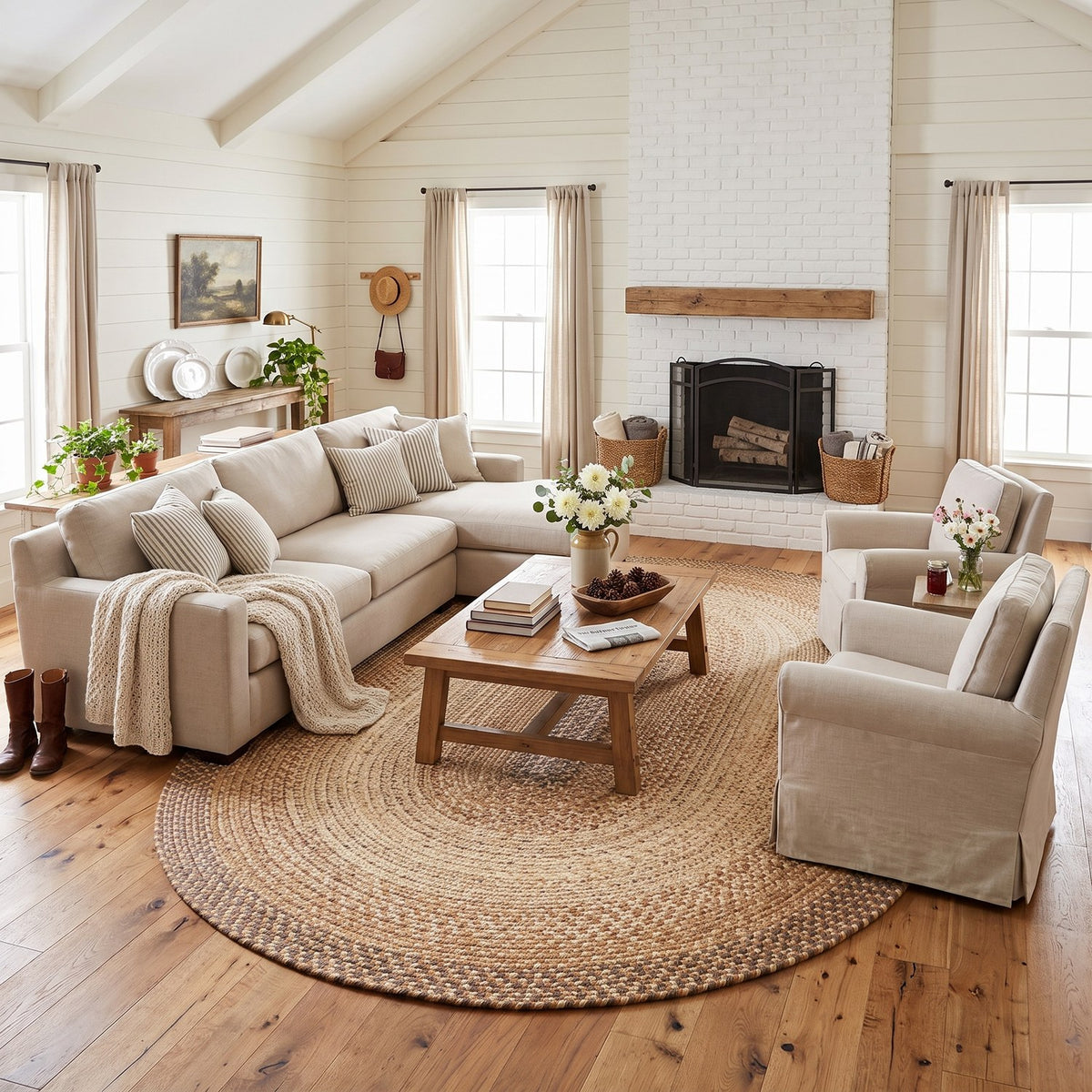 Ridgewood Taupe braided rug, 10x13 oval, under a sectional in a great room #Size_10' x 13' Oval